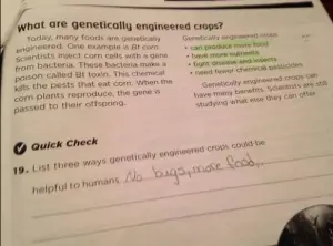 A screenshot of a blatantly biased pro-GMO worksheet submitted by a mother. The textbook company apologized and agreed to change the exercise after a public outcry; read more here. 