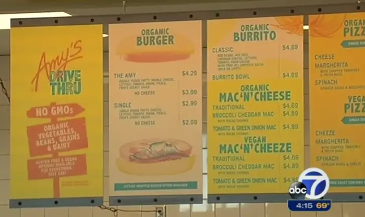 Amy's menu includes pizza, veggie burgers with fries and much more. 