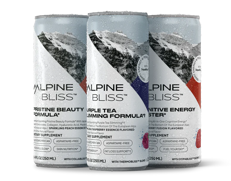 Alpine Bliss tea leaves drink in a sparkling water filled can. 