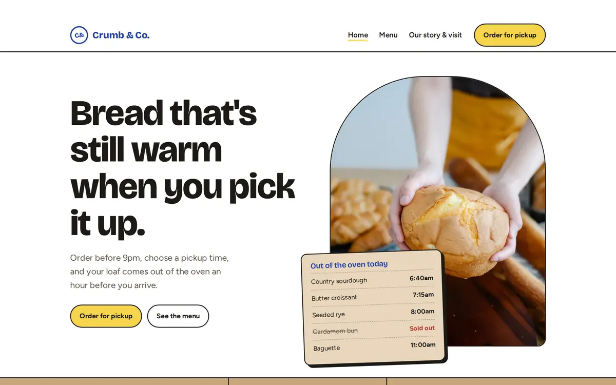 Crumb & Co. sample bakery website homepage
