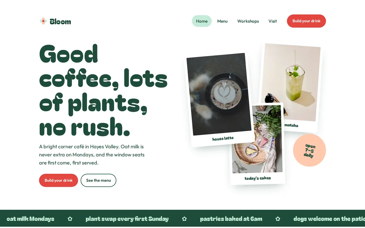 Bloom Café sample café website homepage