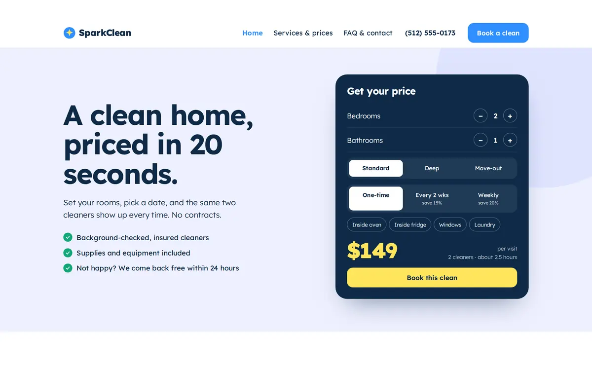 SparkClean sample cleaning service website homepage