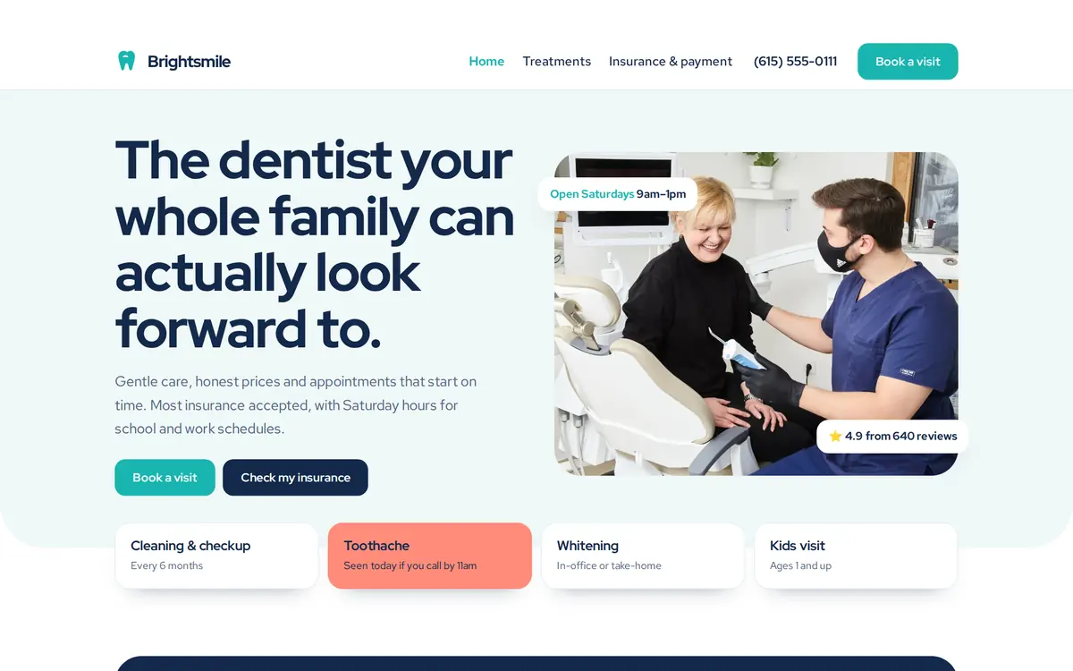 Brightsmile Dental sample dentist & family practice website homepage
