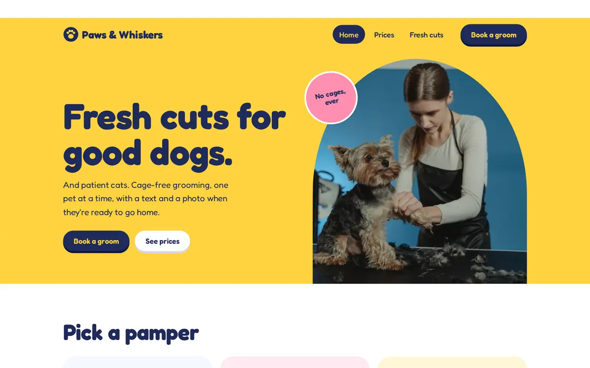 Paws & Whiskers sample pet grooming website homepage