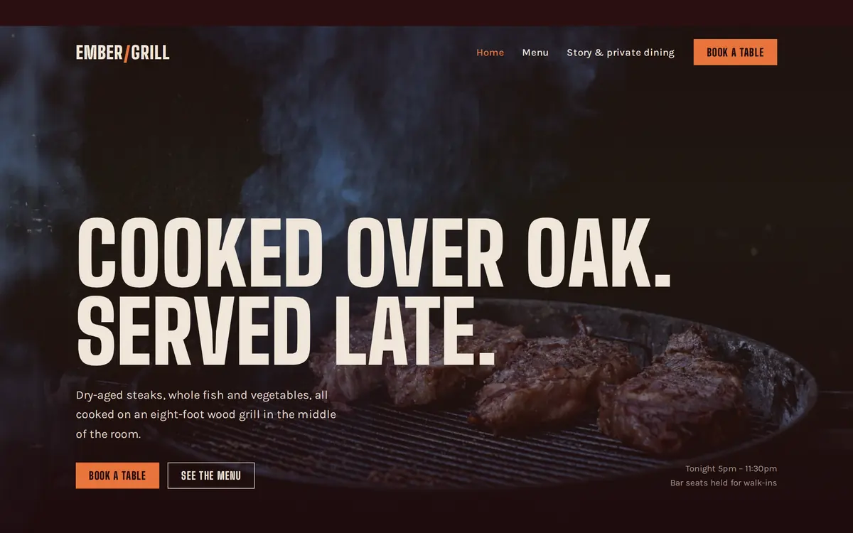 Ember Grill sample restaurant website homepage