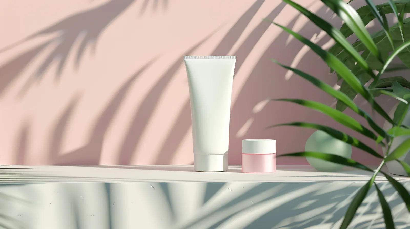 Skincare bottles on a pastel shelf
