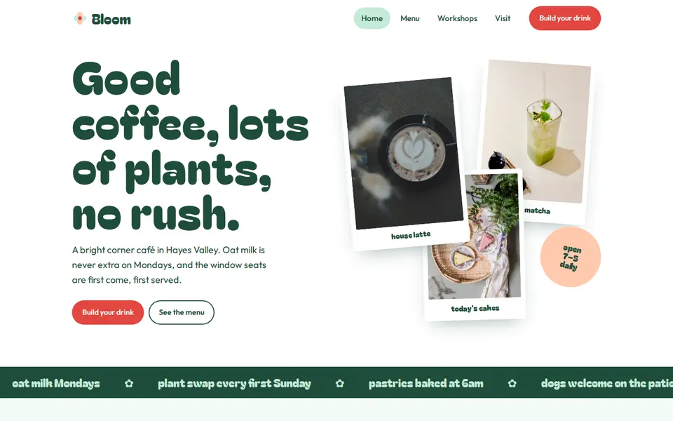 Bloom Café sample website homepage