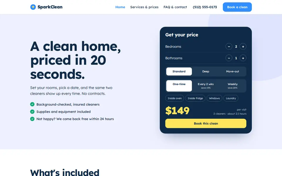 SparkClean sample website homepage