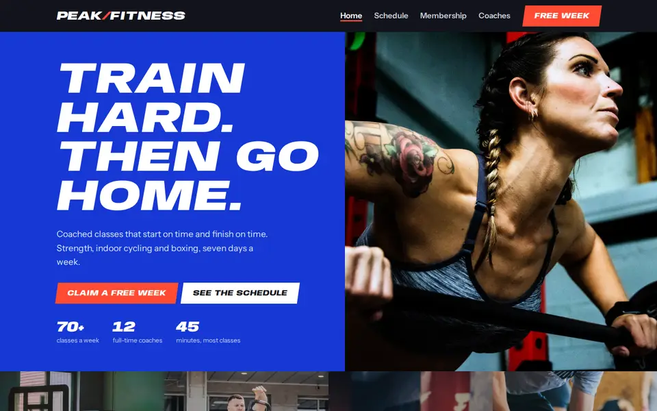 Peak Fitness sample website homepage