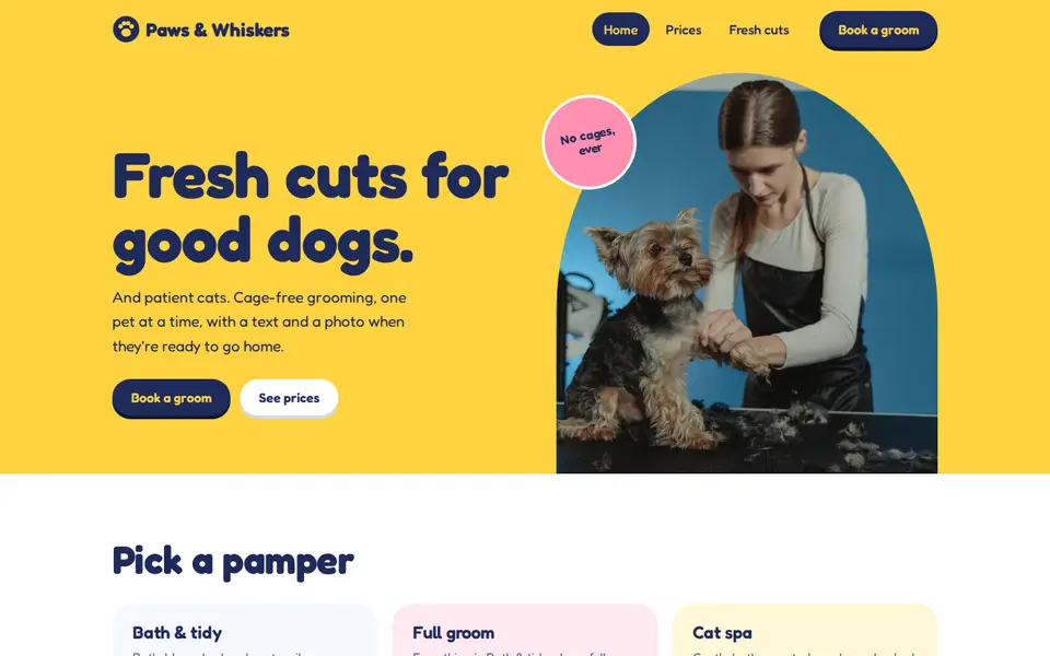 Paws & Whiskers sample website homepage