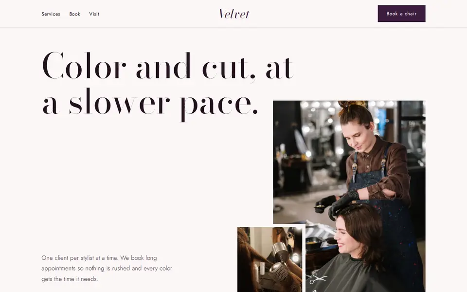 Velvet Salon sample website homepage