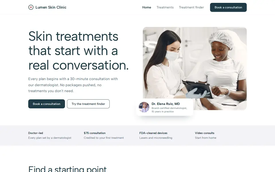 Lumen Skin Clinic sample website homepage