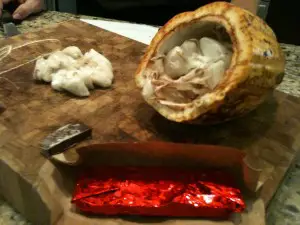 A finished chocolate bar, made from a blend of spices as the red wrapper denotes. 
