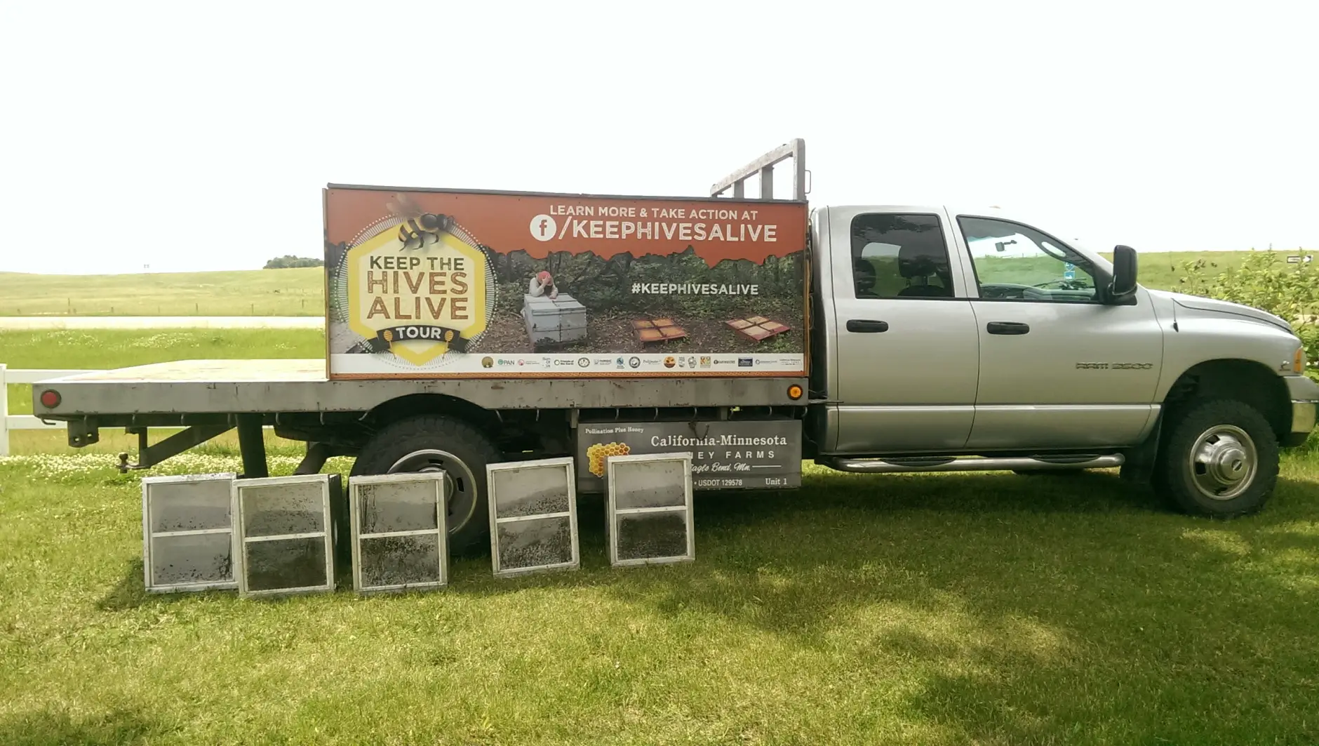 This June 13, 2016 photo provided by Friends of the Earth shows a truck that is carrying more than 2.5 million dead bees in Estelle, S.D. The truck began a tour across the country with a stop in South Dakota Monday, in an effort to raise awareness doubt the collapse of bee colonies and other pollinators in the U.S. (Tiffany Finck-Haynes/Friends of the Earth via AP)